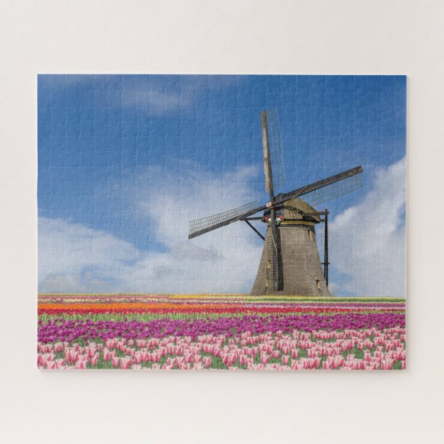 Windmill And Colorful Tulips Amsterdam Netherlands Jigsaw Puzzle (Horizontal)