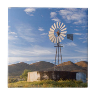 Windmill And Dam In The Karoo At Sunrise Ceramic Tile
