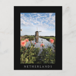 Windmill and flowers, Holland vertical black card