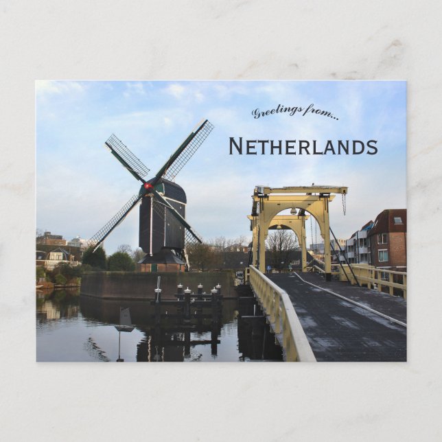 Windmill and Leiden Windmill Bridge Netherlands Postcard (Front)