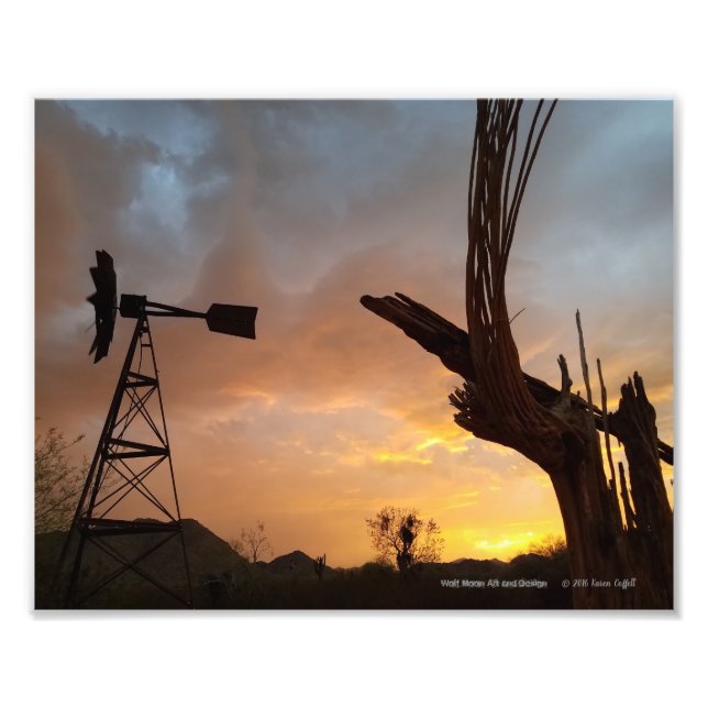 Windmill and Saguaro Cactus Skeleton at Sunset Photo Print (Front)