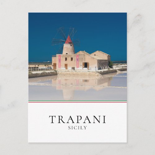 Windmill and salt at the salina of Trapani Sicily Postcard