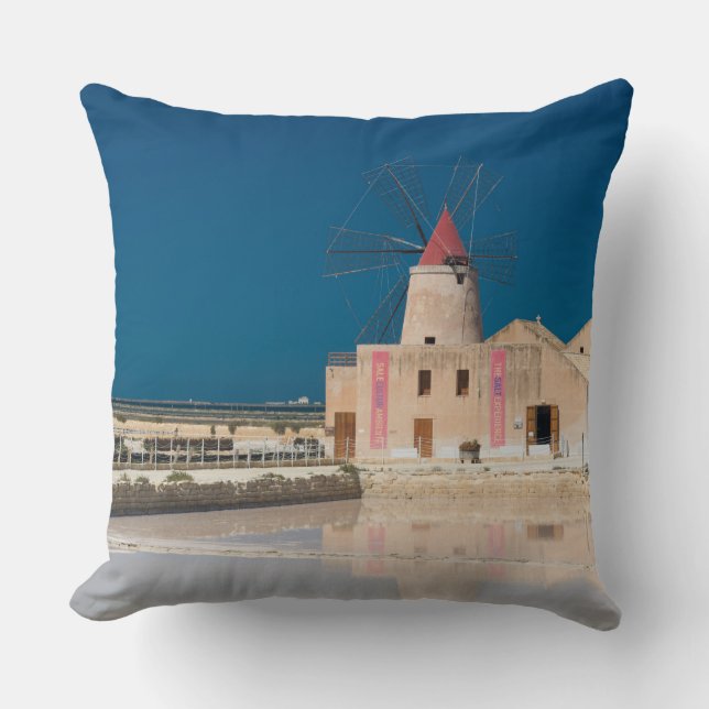 Windmill and salt pans at the salina of Trapani Throw Pillow (Front)
