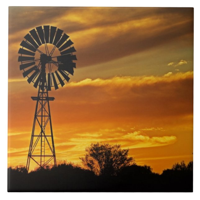 Windmill and Sunset, William Creek, Oodnadatta Ceramic Tile (Front)