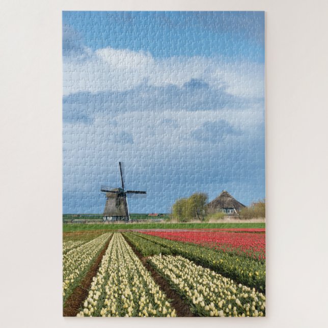 Windmill and tulips in a vertical spring landscape jigsaw puzzle (Vertical)