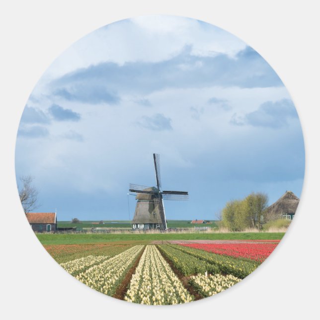 Windmill and tulips landscape round sticker (Front)