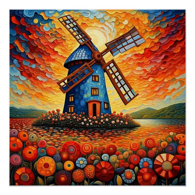 Windmill at sunset 3 poster (Front)
