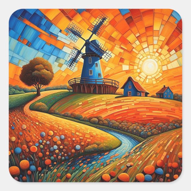 Windmill at sunset 5 square sticker (Front)