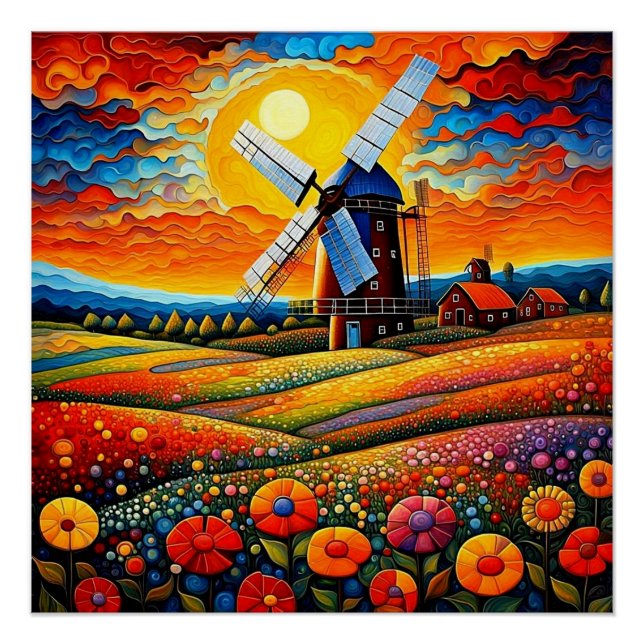Windmill at sunset 7 poster (Front)
