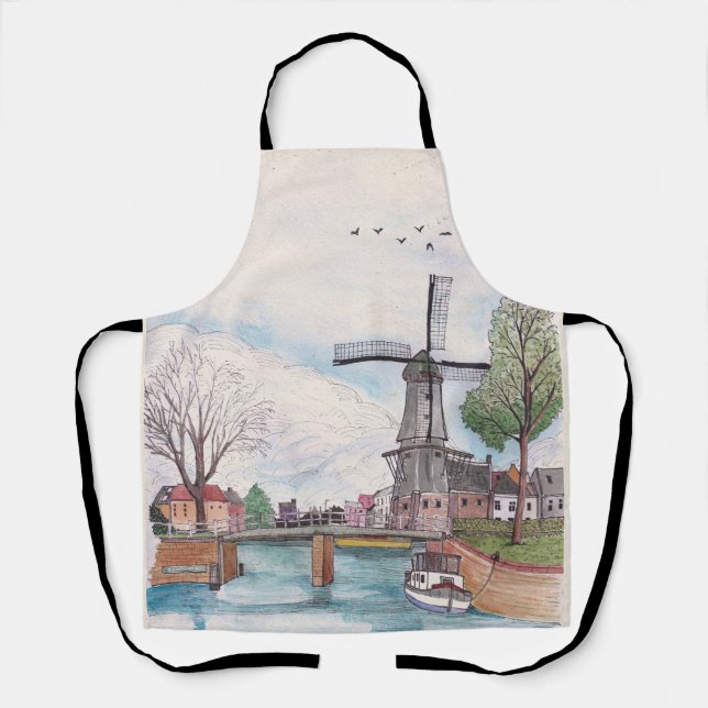 Windmill De Adriaan Haarlem Netherlands Watercolor Apron (Front)