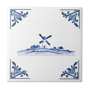 Windmill Delft Blue White Corners Netherlands Ceramic Tile