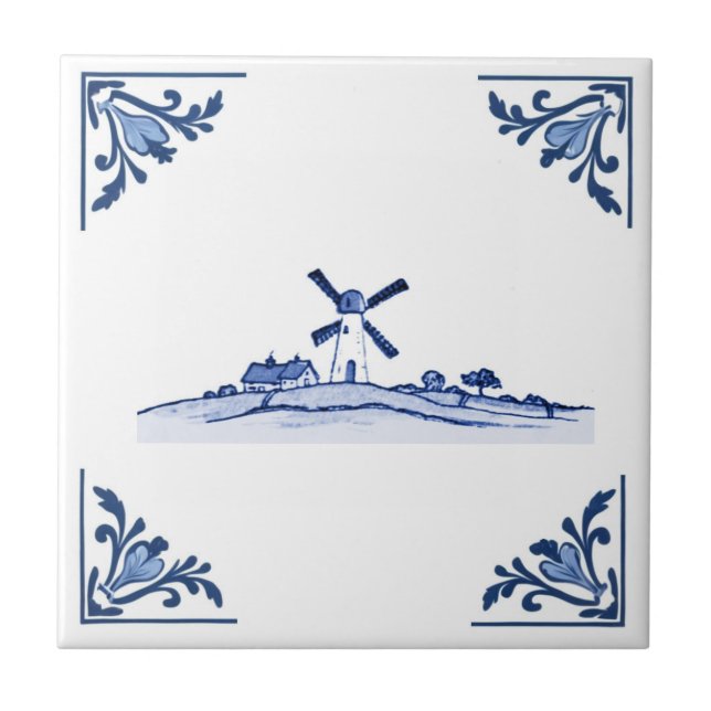 Windmill Delft Blue White Corners Netherlands Ceramic Tile (Front)