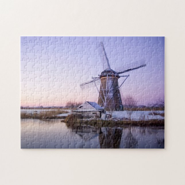 Windmill during sunrise in Holland, winter puzzle (Horizontal)