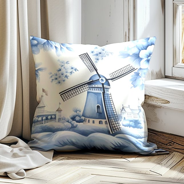 Windmill Dutch Delft Blue Vintage Throw Pillow (Vintage blue windmill decorator pillow)