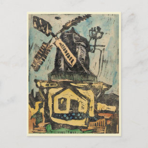 Windmill Hand Colored Woodcut Graphic Postcard
