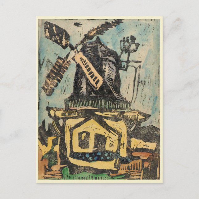 Windmill Hand Colored Woodcut Graphic Postcard (Front)