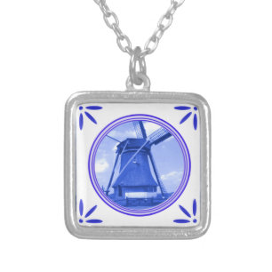 Windmill Holland Delft-Blue-Tile-Look Printed Silver Plated Necklace