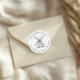 Windmill Illustration Return Address Monogram Classic Round Sticker