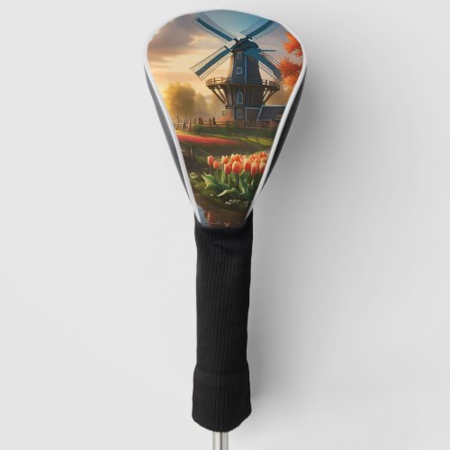 Windmill in Dutch Countryside by River with Tulips Golf Head Cover