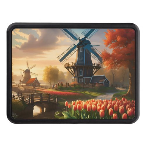 Windmill in Dutch Countryside by River with Tulips Hitch Cover