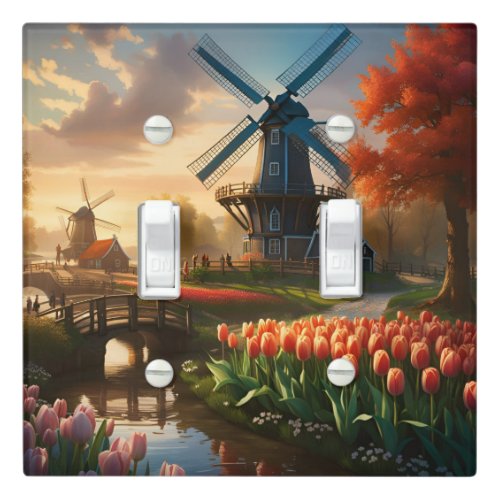 Windmill in Dutch Countryside by River with Tulips Light Switch Cover