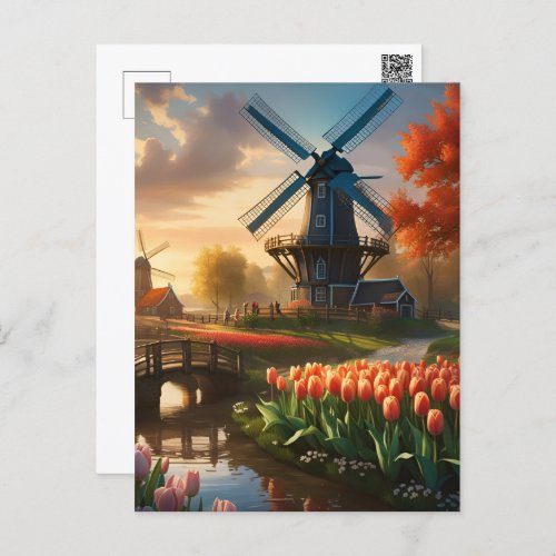 Windmill in Dutch Countryside by River with Tulips Postcard