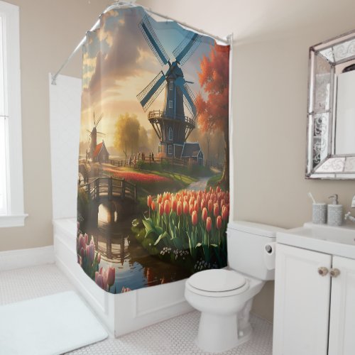 Windmill in Dutch Countryside by River with Tulips Shower Curtain