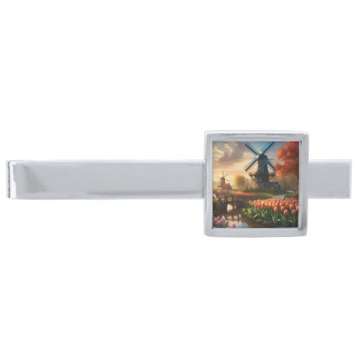Windmill in Dutch Countryside by River with Tulips Silver Finish Tie Bar