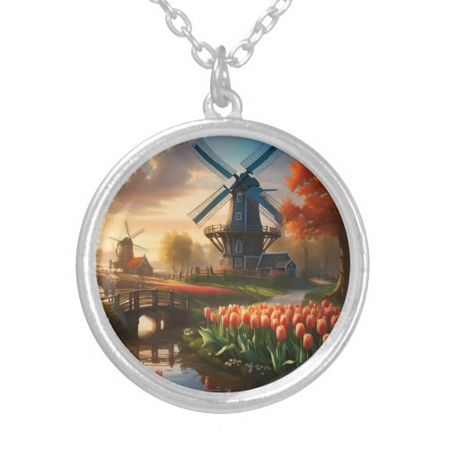 Windmill in Dutch Countryside by River with Tulips Silver Plated Necklace