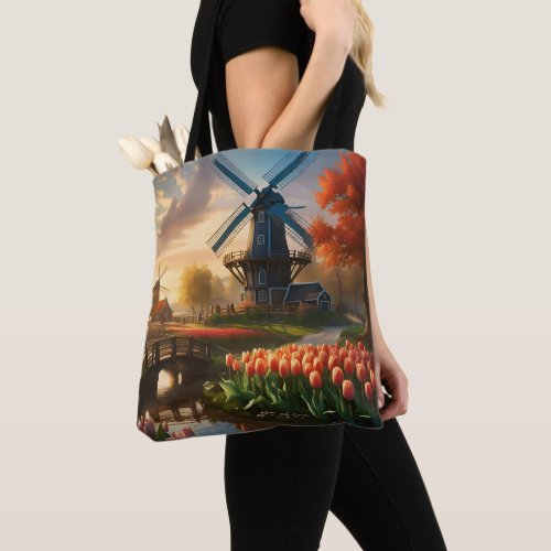 Windmill in Dutch Countryside by River with Tulips Tote Bag