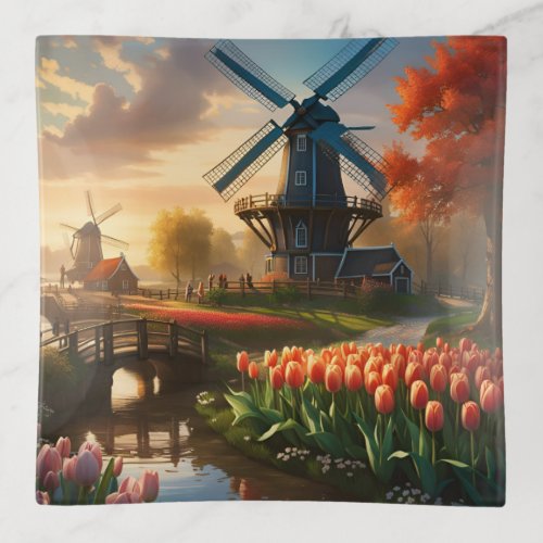 Windmill in Dutch Countryside by River with Tulips Trinket Tray