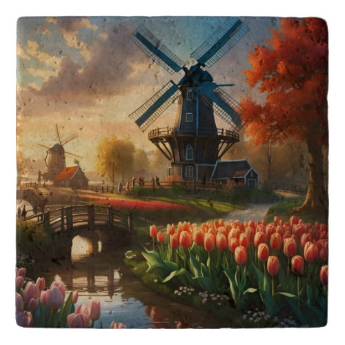 Windmill in Dutch Countryside by River with Tulips Trivet