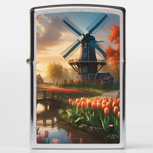 Windmill in Dutch Countryside by River with Tulips Zippo Lighter
