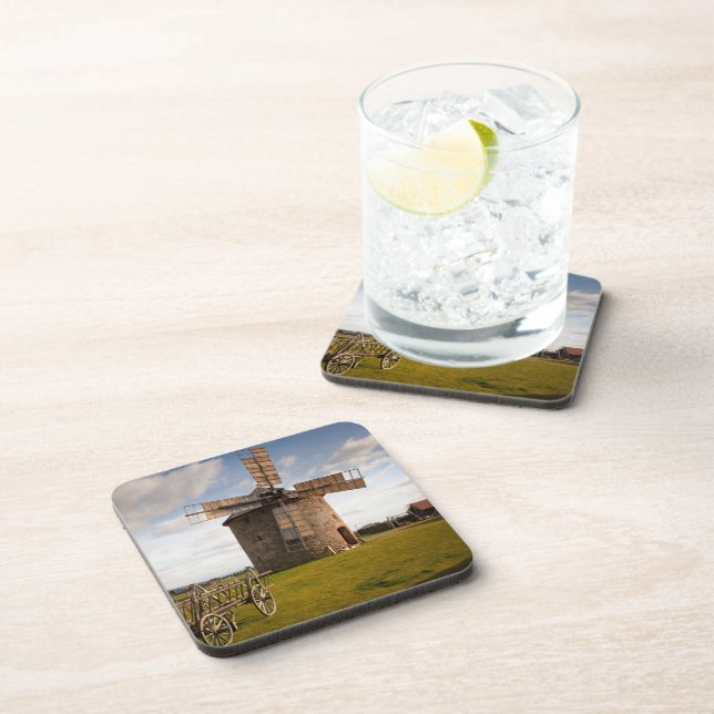 Windmill in Green Field & White Clouds & Blue Sky Beverage Coaster (Right Side)