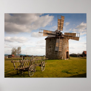 Windmill in Green Field & White Clouds & Blue Sky Poster