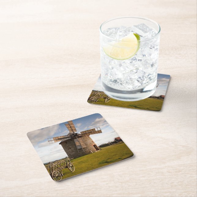 Windmill in Green Field & White Clouds & Blue Sky Square Paper Coaster (Insitu)