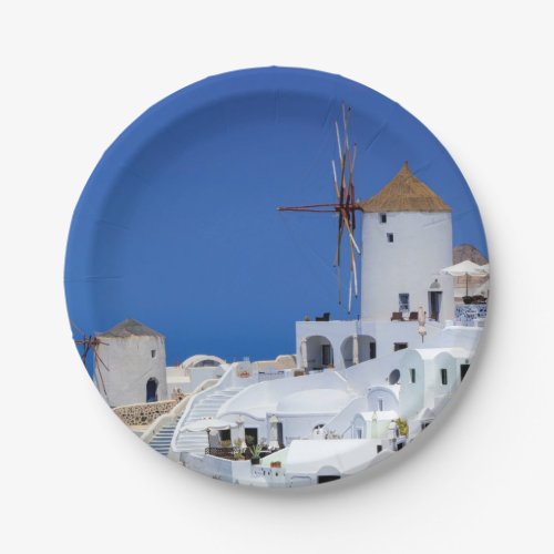 Windmill in Oia Santorini Greece Paper Plates