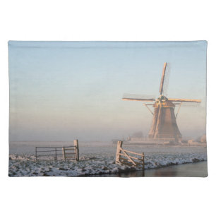 Windmill in the snow at sunrise placemat