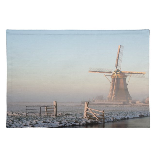 Windmill in the snow at sunrise placemat (Front)