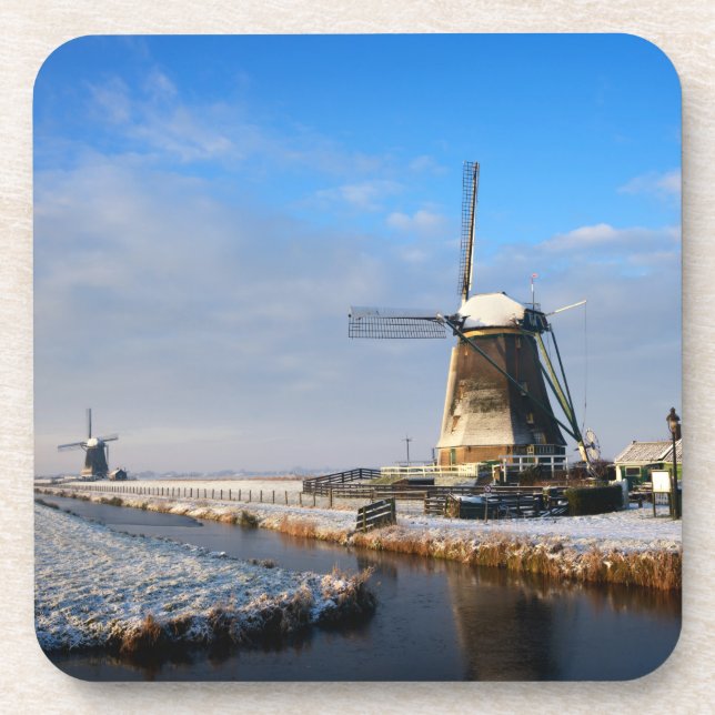 Windmill in the snow in a dutch winter landscape beverage coaster (Front)