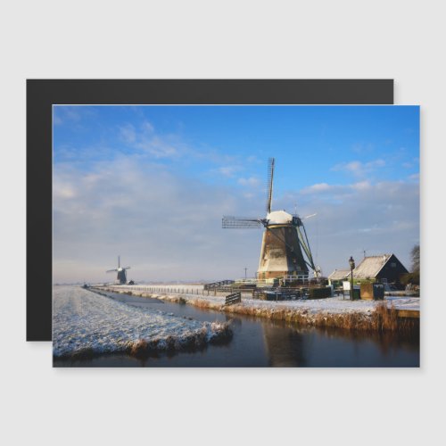 Windmill in the snow in a dutch winter landscape magnetic invitation
