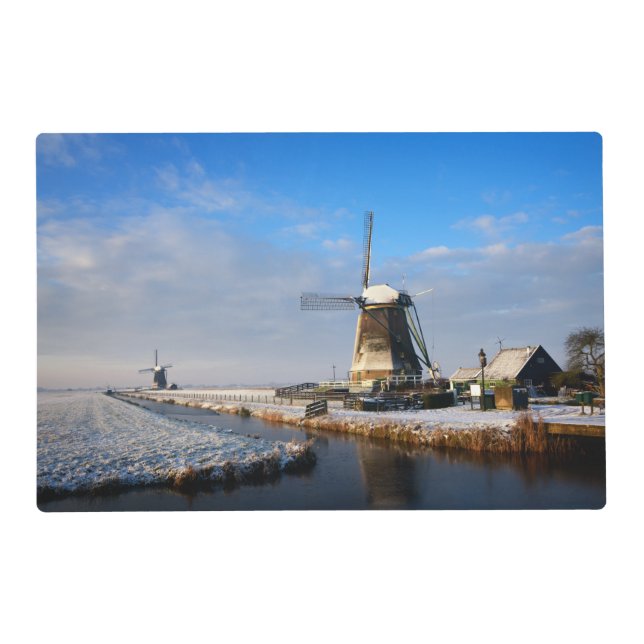 Windmill in the snow in a dutch winter landscape placemat (Back)