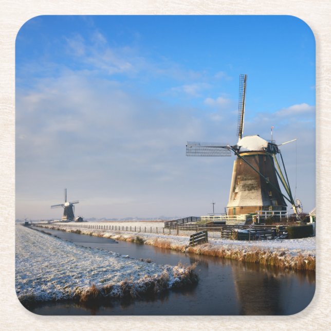Windmill in the snow in a dutch winter landscape square paper coaster (Front)