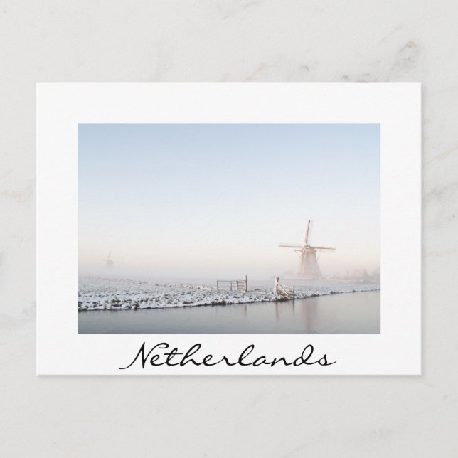 Windmill in the snow in winter white text postcard (Front)