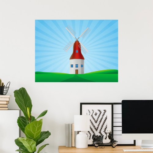 Windmill Landscape Green Hills Poster