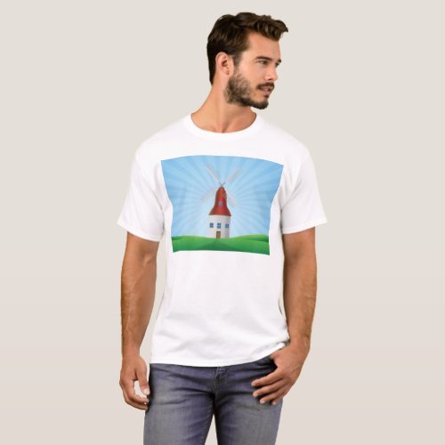Windmill Landscape Green Hills T_Shirt