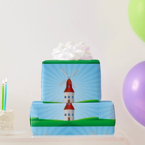 Windmill Landscape Green Hills Wrapping Paper