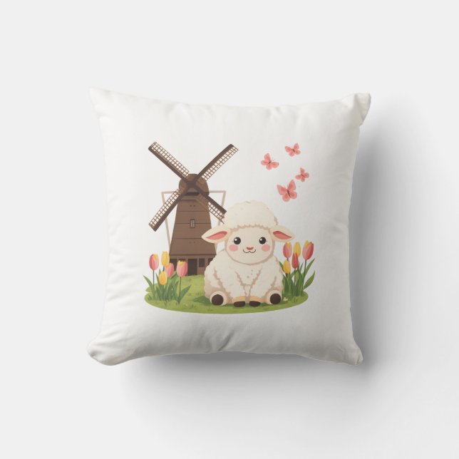 Windmill Meadow Sheep Throw Pillow (Front)