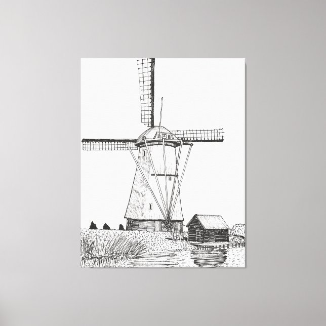 Windmill Netherlands Pen and Ink Illustration Canvas Print (Front)