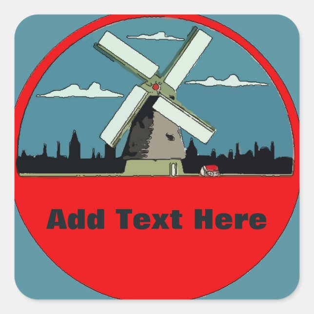 Windmill Red Round Add Text Square Sticker (Front)